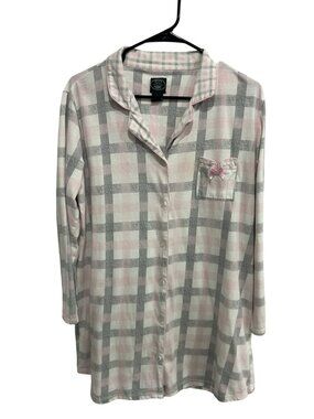 Laura Ashley Large Pink Gray Plaid Button-Up Nightshirt Cotton Cozycore Retro
